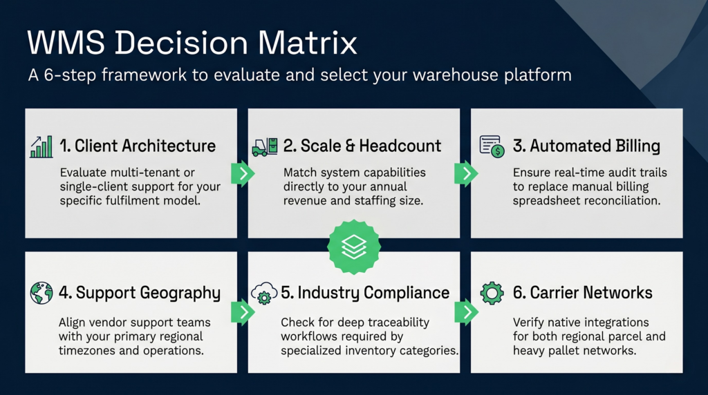 A 16:9 business infographic titled "wms decision matrix" outlining a 6-step warehouse platform evaluation framework. Six clean white cards are neatly arranged in a 3x2 grid over a professional deep blue background. Each card features a simple line-art icon, a bold heading from steps 1 to 6, and a single-sentence explanation covering architecture, scale, automated billing, support geography, industry compliance, and carrier networks.